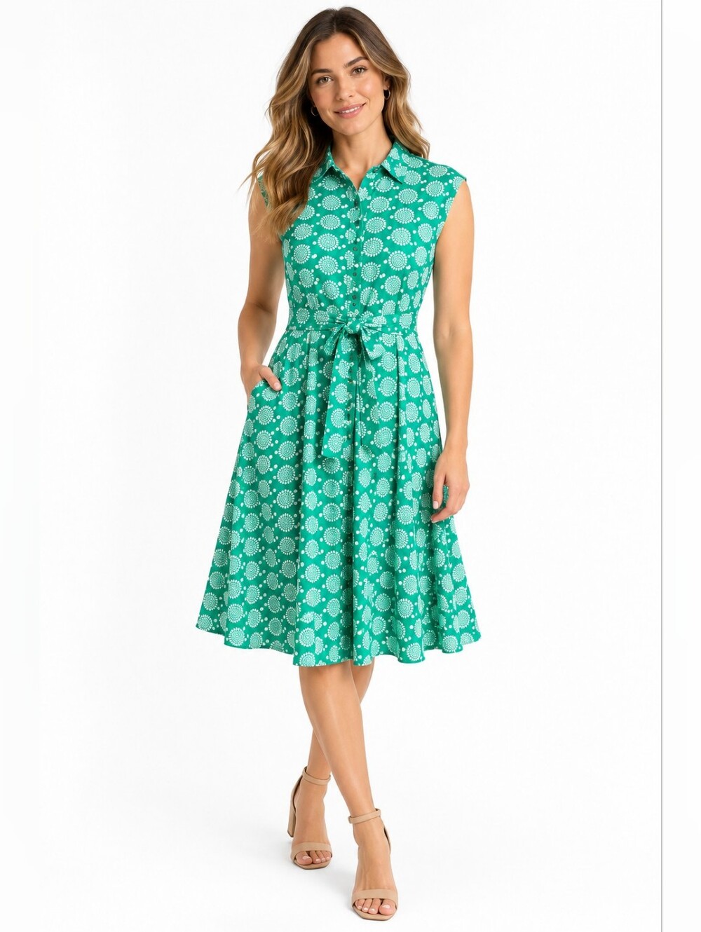 Boden Jersey Knit Shirt Dress Green White Floral Sun Printed J0887 Belt Size 14